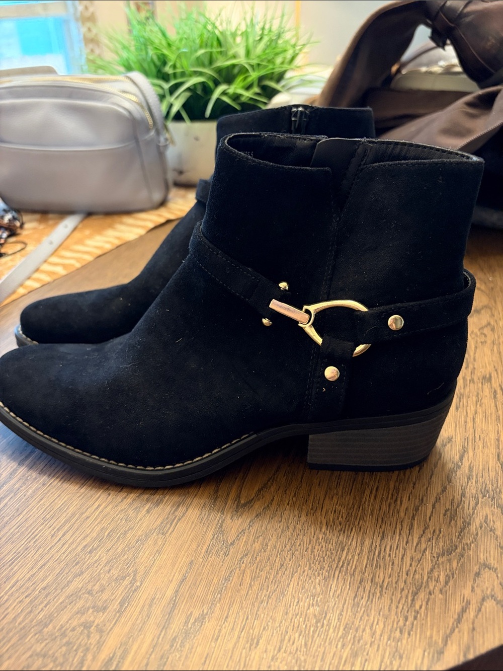 White Mountain Black Suede Ankle Boot with Gold Accent